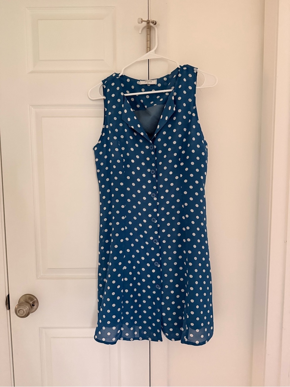 Sleeveless Blue Polka Dot Button-Front Dress - rihoas brand